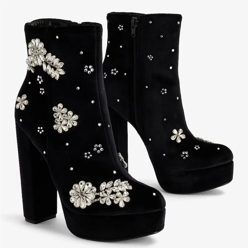 EXPRESS - Rhinestone Embellished Platform Heeled Ankle Boots - Picture 2 of 4